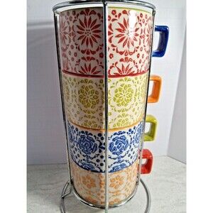Pier One Inports Hand Painted Stoneware Cup Set of 4 Stackable Cups with Stand.